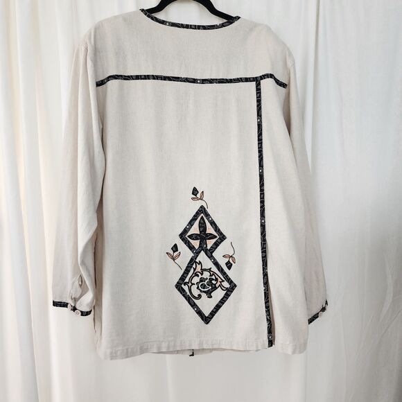 Koos Of Course Womens Linen Jacket  L Neutral Tan Beige Lightweight Embroidered - Picture 11 of 13